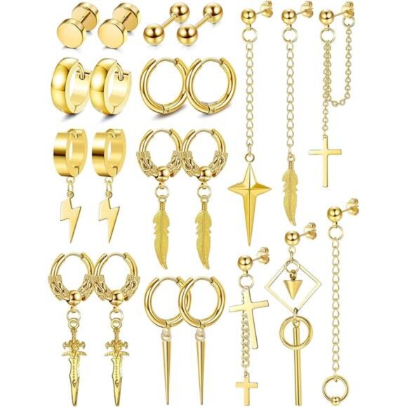 22Pcs Dangle Earrings for Men Stainless Steel Hinged Hoop Earrings Long Men